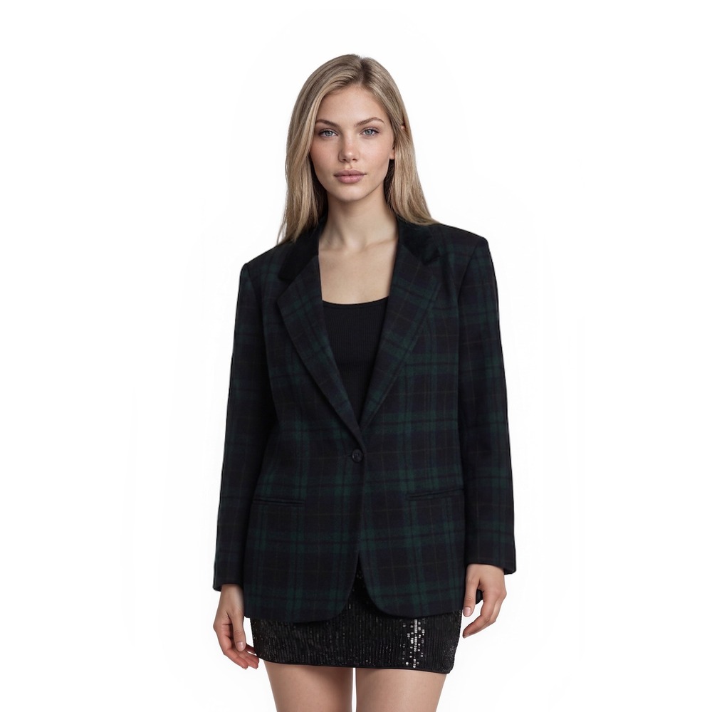 Sag Harbor Plaid Blazer Women's Size 12 Green Black Velvet Collar Vintage Tartan